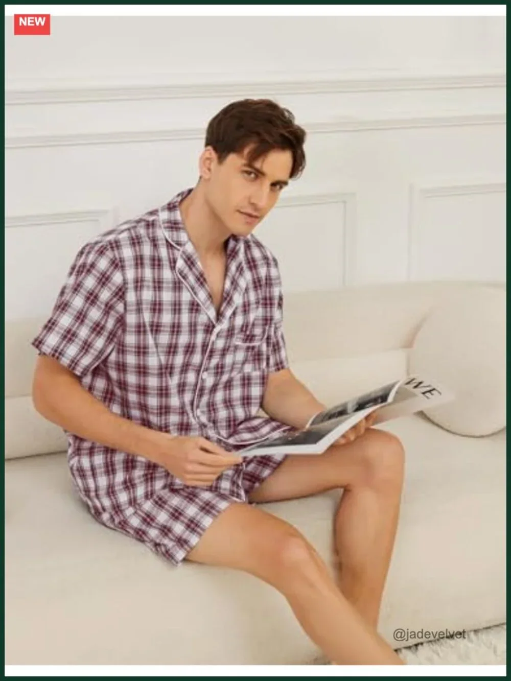 Men's 100% Cotton Pajama Set Short Sleeve Button Down Lounge Set Plaid Sleepwear